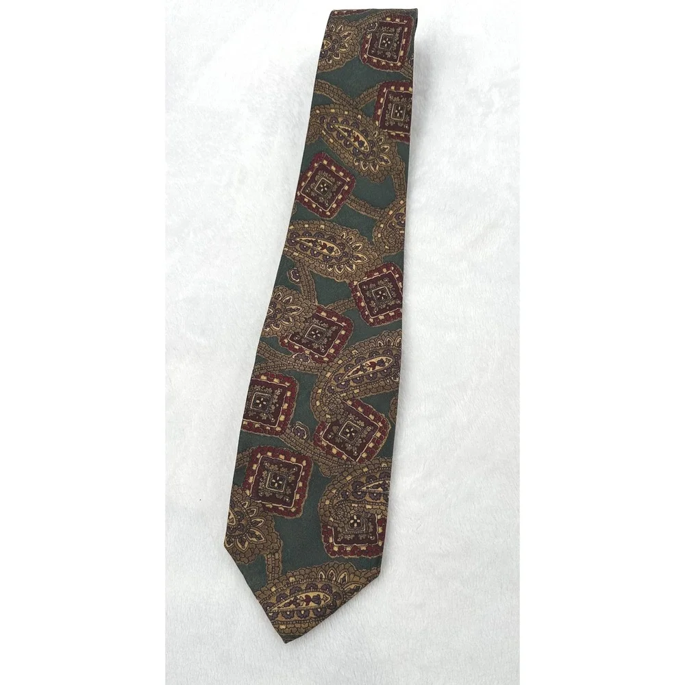 Robert Talbott Carmel Necktie Paisley Square Olive Green Burgundy‎ Silk Tie